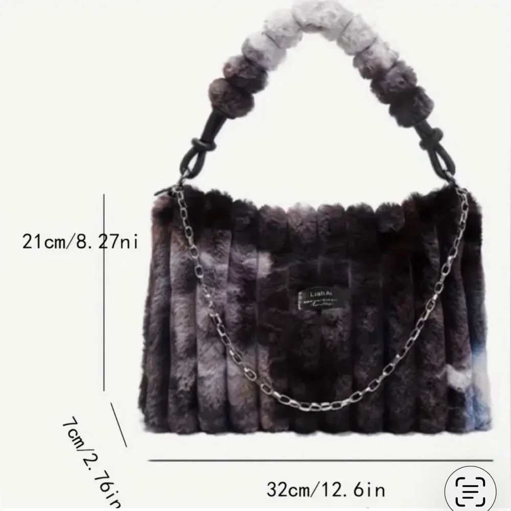 Black Gray Soft Faux Fur Shoulder Bag Purse with PomPom and Chain Straps - Picture 6 of 8